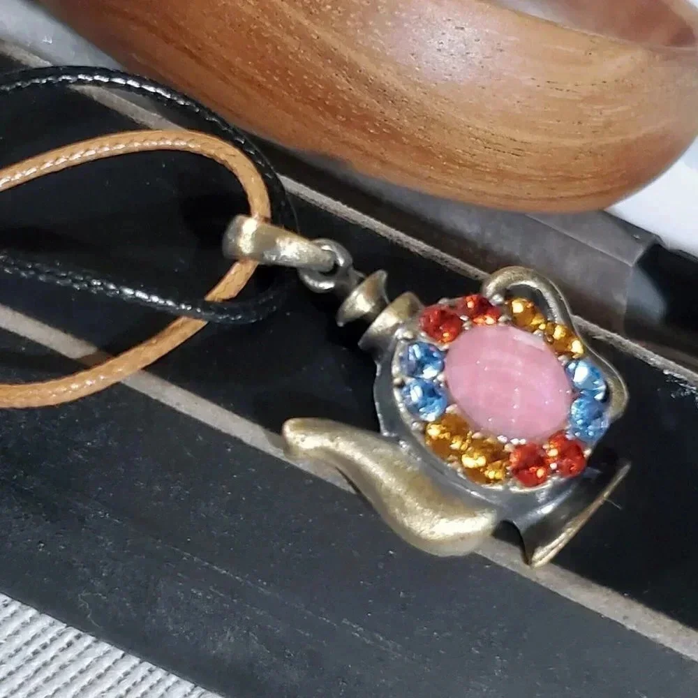 Rustic Antique Bronze Rhinestones Teapot Pendant Necklace Vegan Leather Cord - Picture 7 of 11